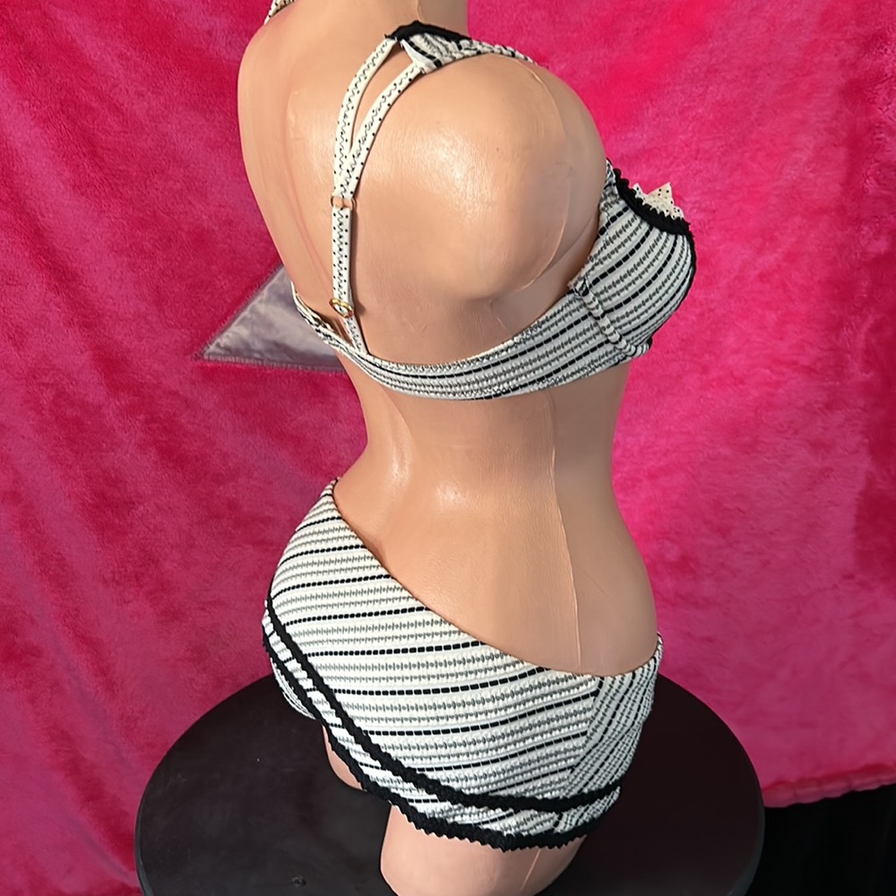 Betsey Johnson black cream striped bikini swimsuit retro dollbaby vintage skirt - Picture 11 of 16